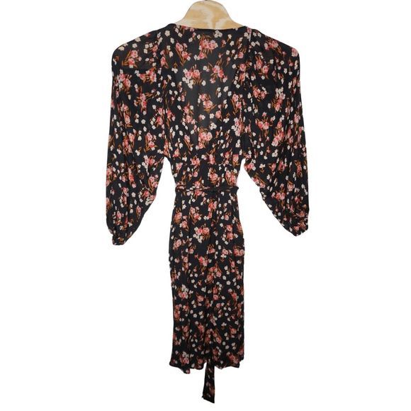 A.L.C. Carlo Silk‎ Wrap V Neck Floral Print Long Sleeve Mini Dress Size 14 Black - Picture 5 of 10